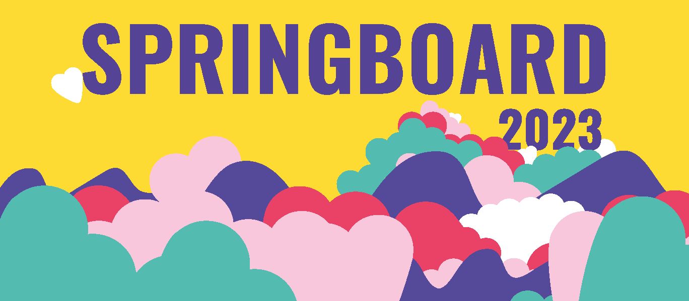 Yellow banner with the text "Springboard 2023" at the top. There are different coloured clouds all along the bottom half of the banner.