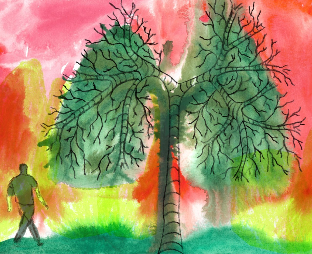 Watercolour painting of a pair of lungs and a human figure in the bottom-left corner.