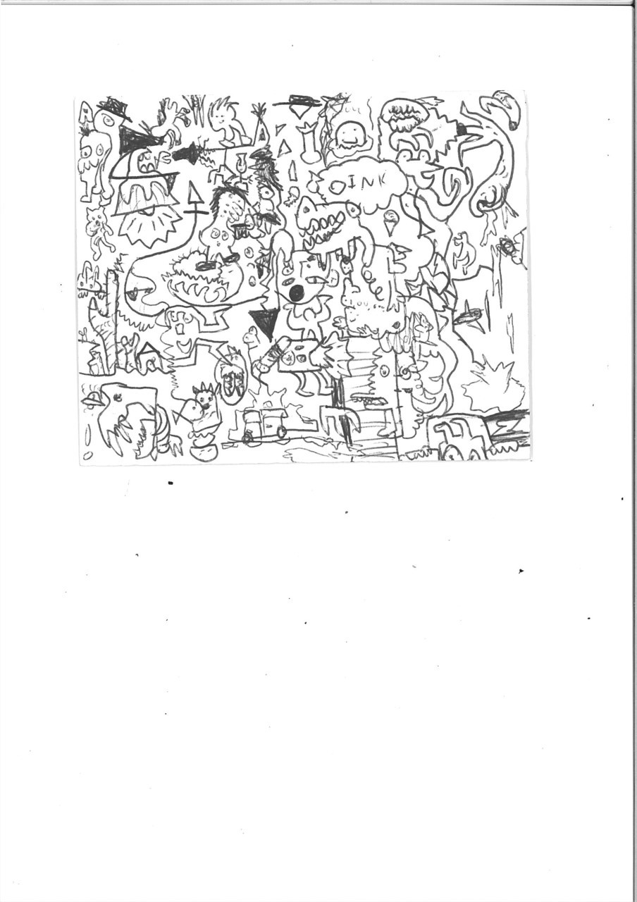A collection of cartoon people and animals contained in a small square space in the top half of a page