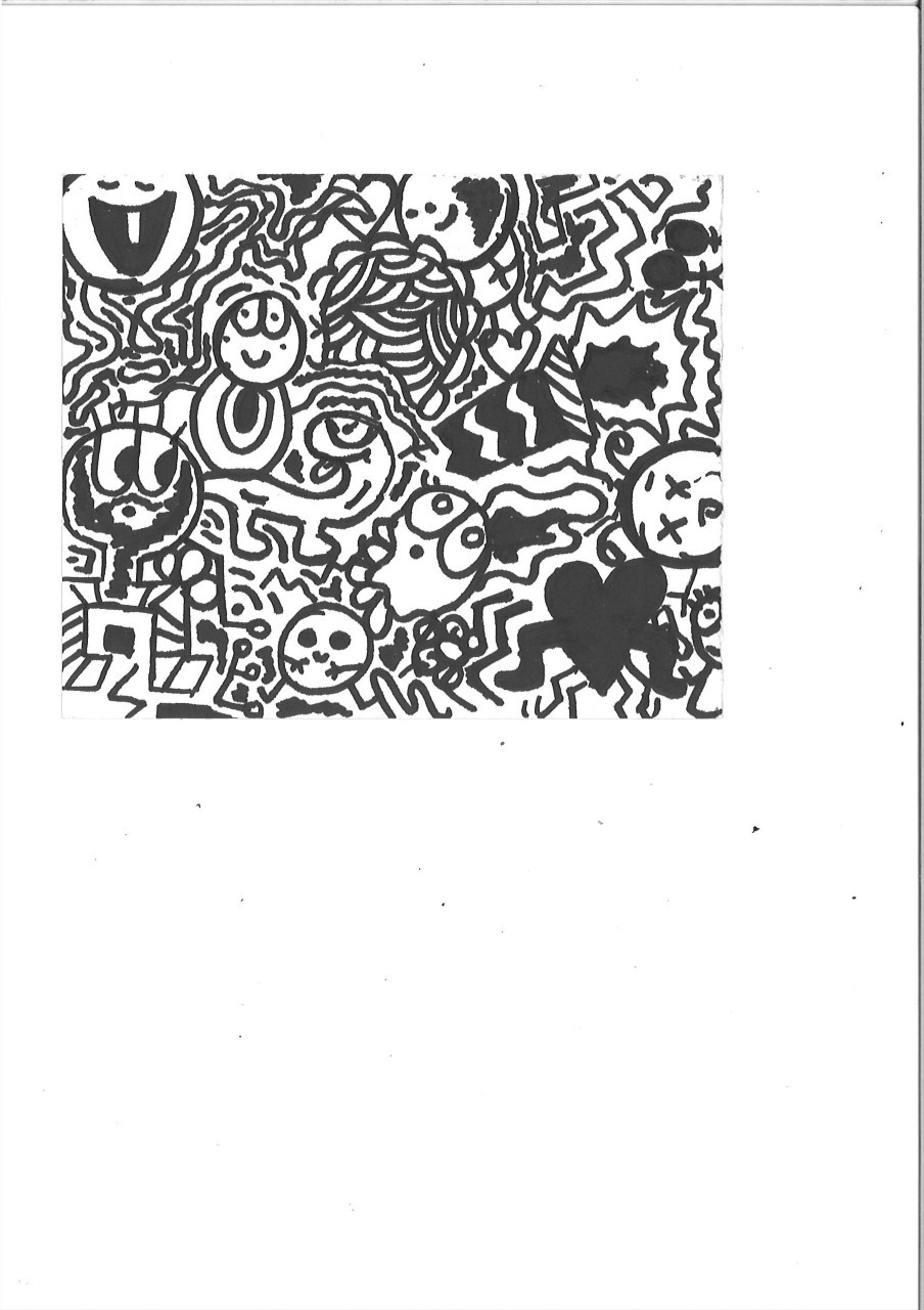 Several cartoon characters including people and dinosaurs all squashed into a square in the top half of a page