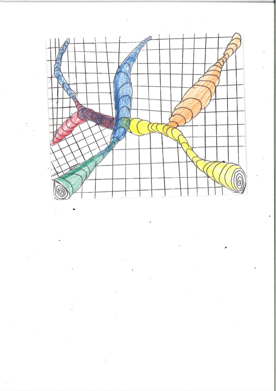 A grid in the background. A series of odd-shaped colourful structures connect in the middle of the page.