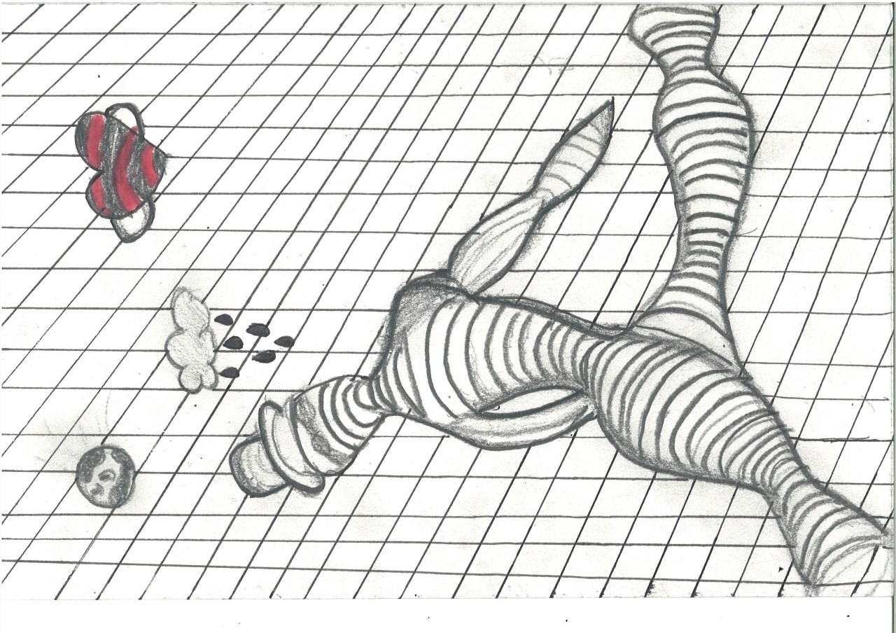 A series of squares on the floor, a drawing of a humanoid figure, with a heart and a rain cloud above them