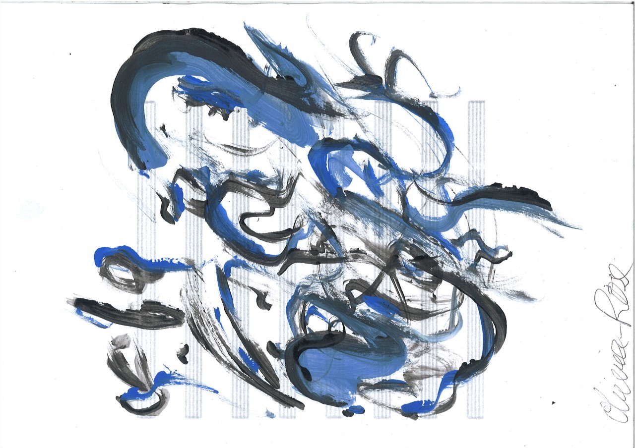 A series of blue and black brushstrokes resembling a dragon, drawn on up-turned sheet music paper