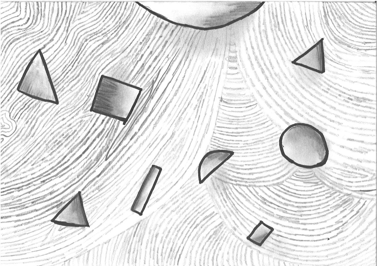 A series of circles and lines drawn faintly in the background. Bolder squares, circles and triangles appear in the foreground