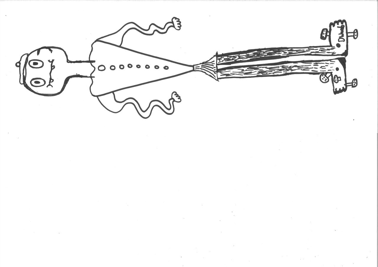 A drawing of a cartoon character with funny teeth, squiggly arms and a triangular torso.