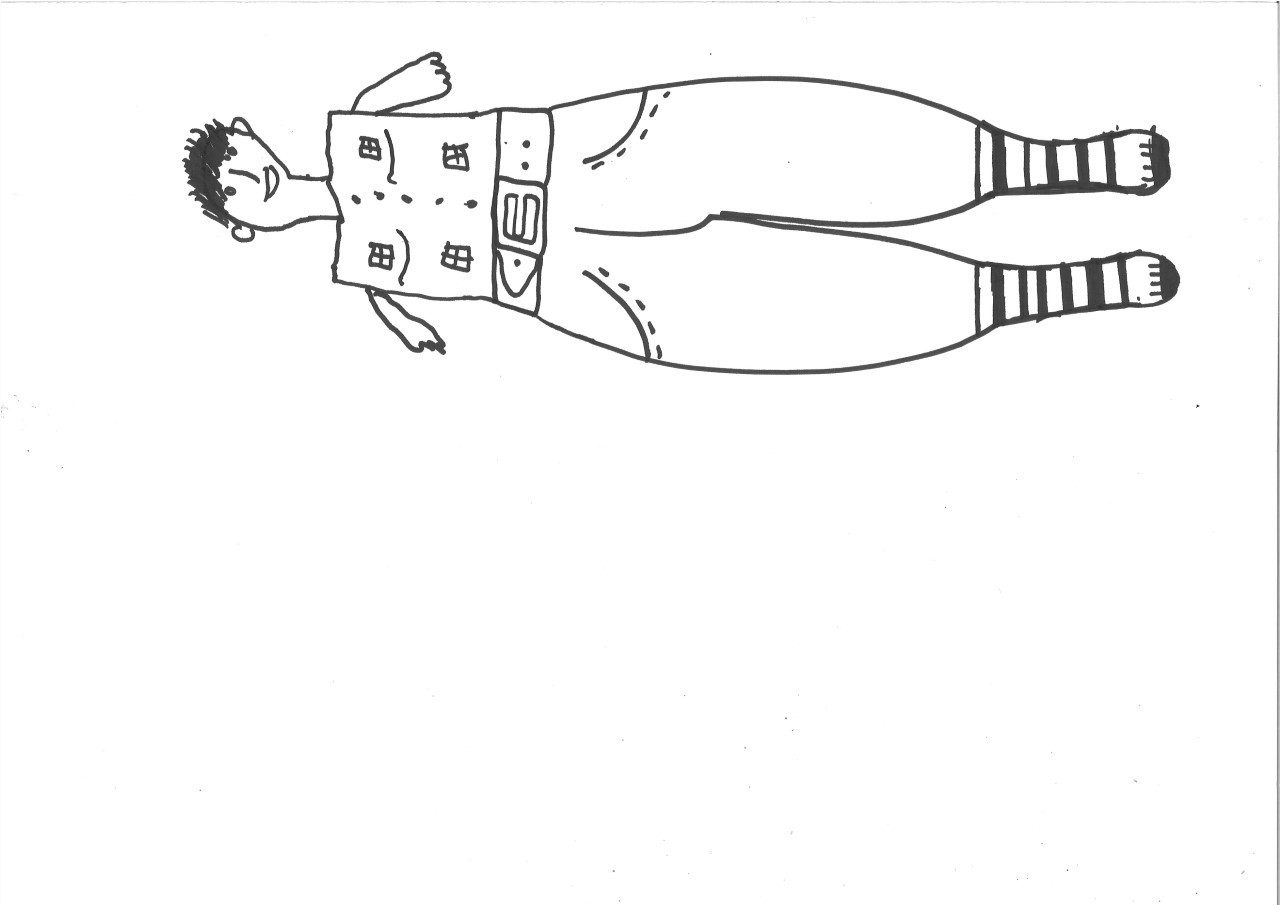Drawing of a person with short arms and long legs, viewed horizontally