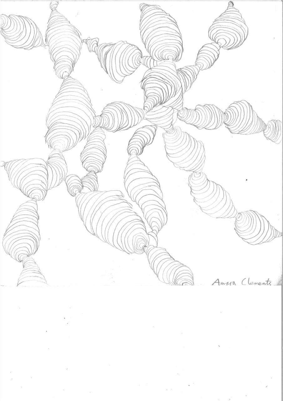 A drawing of a series of odd-shaped 3D objects connecting to one another.