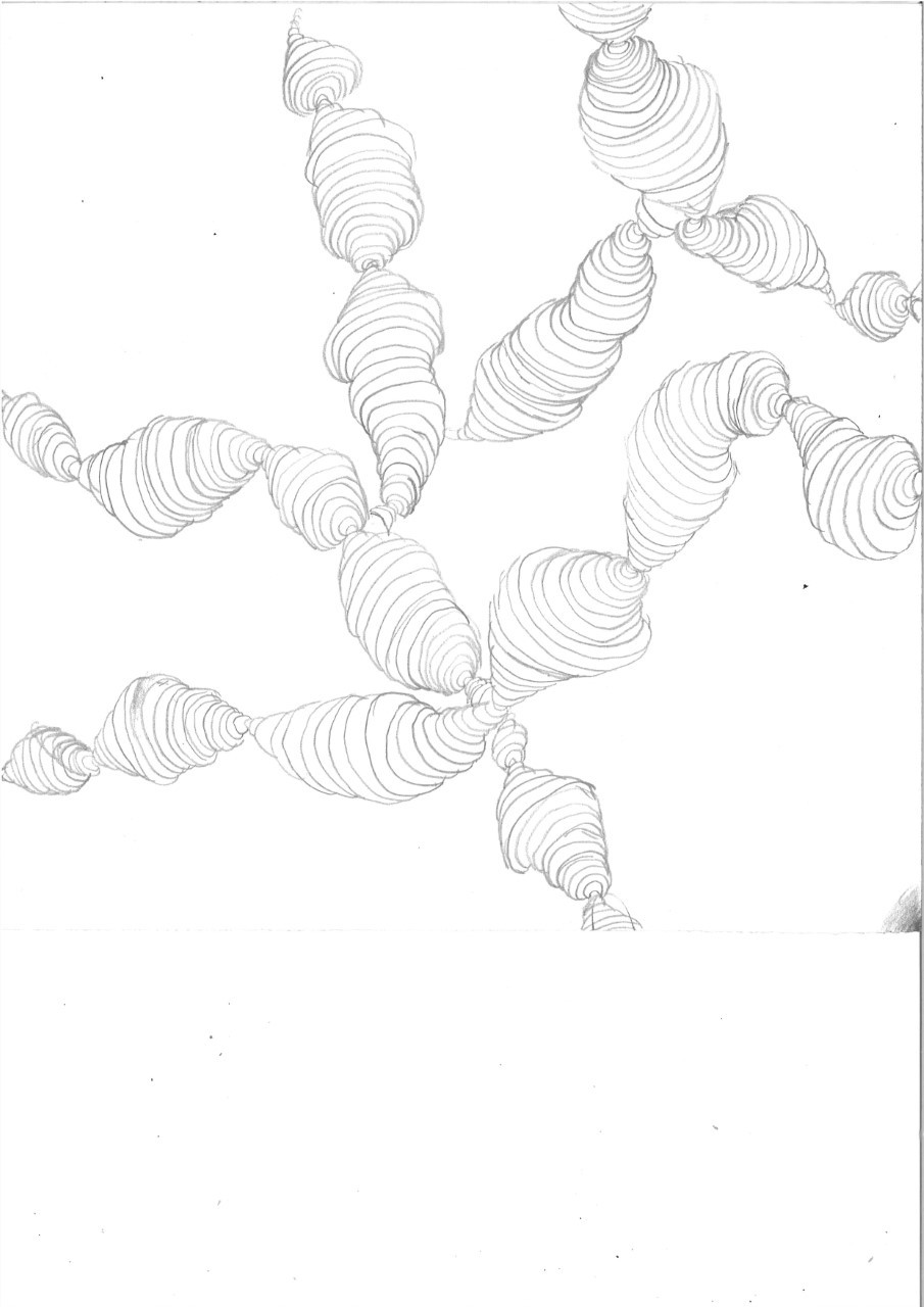 A drawing of several rounded objects connecting in the middle of a page