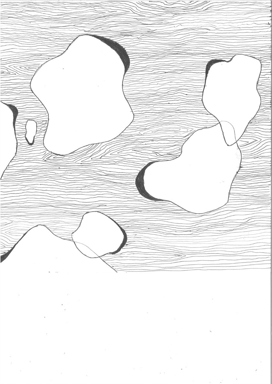 A drawing of a piece of wood with several holes in it and chunks missing from the side