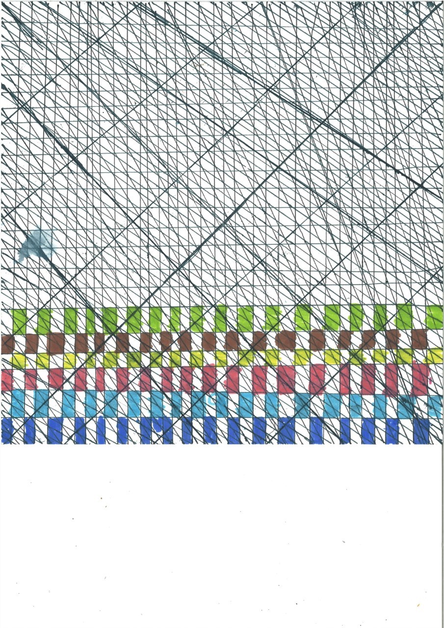 A series of grids drawn on top of one another. Down the bottom, five rows of squares are filled in with different colours.