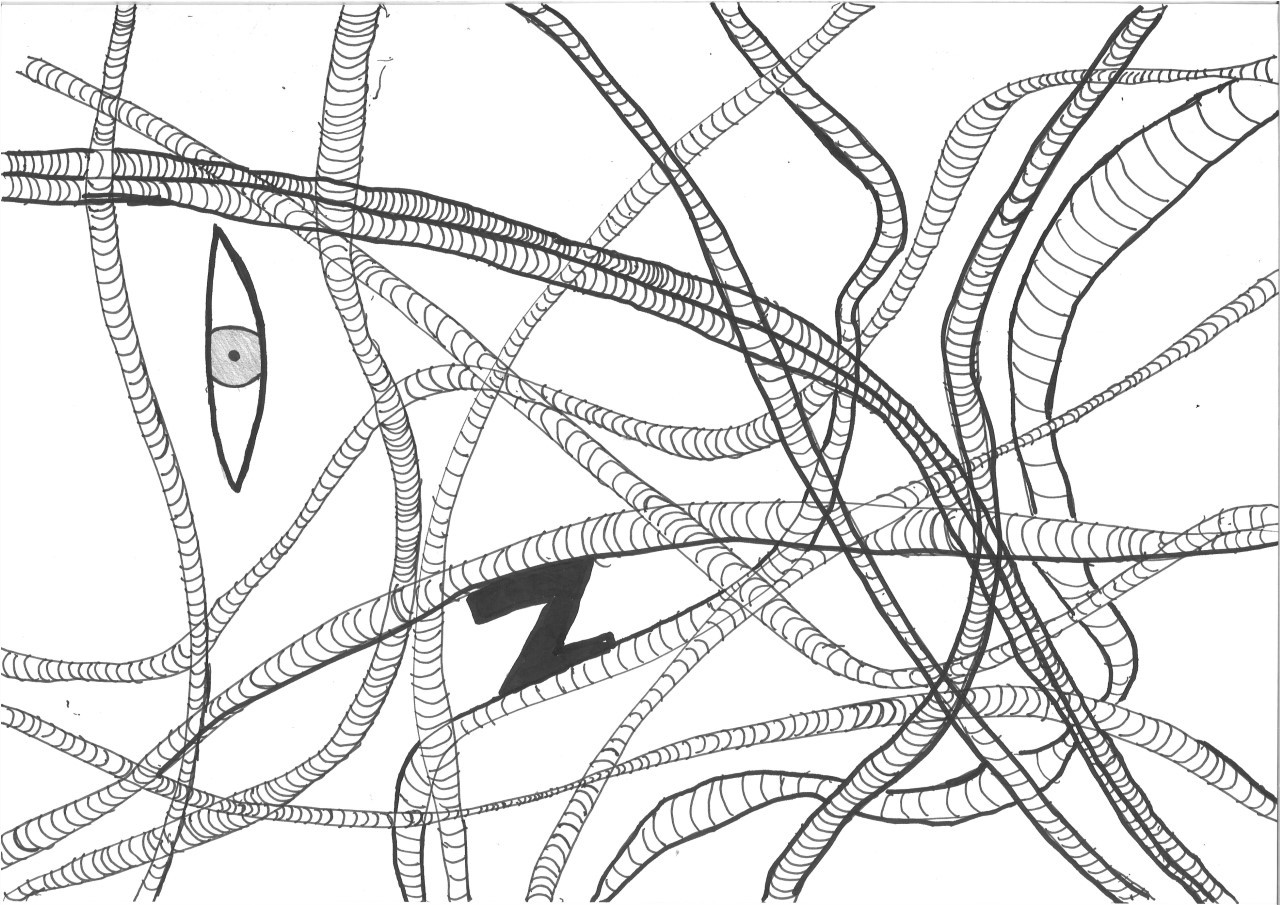 A network of wires are drawn all around the page. An eye and a letter Z appear in a couple of the gaps.