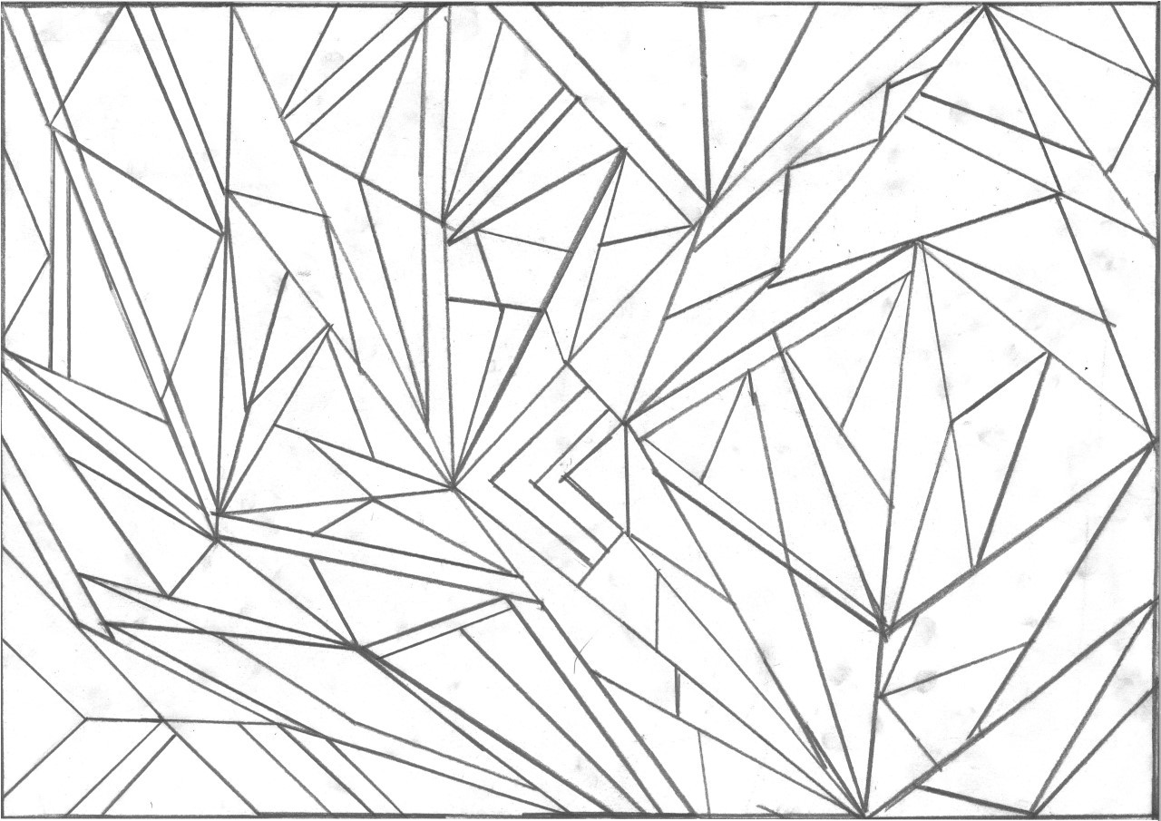 A series of triangles drawn around and within one another throughout the page