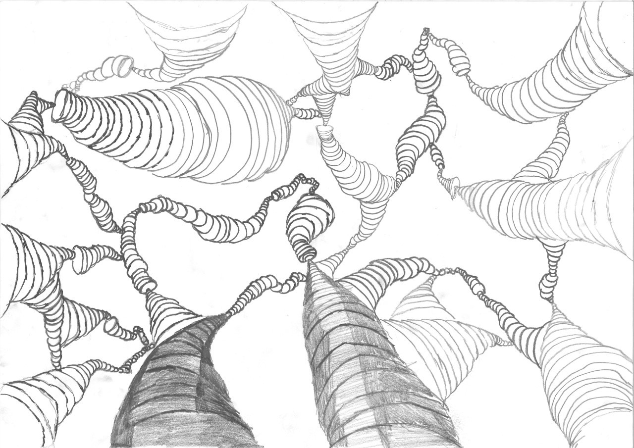 A drawing of several rounded three-dimensional structures connecting