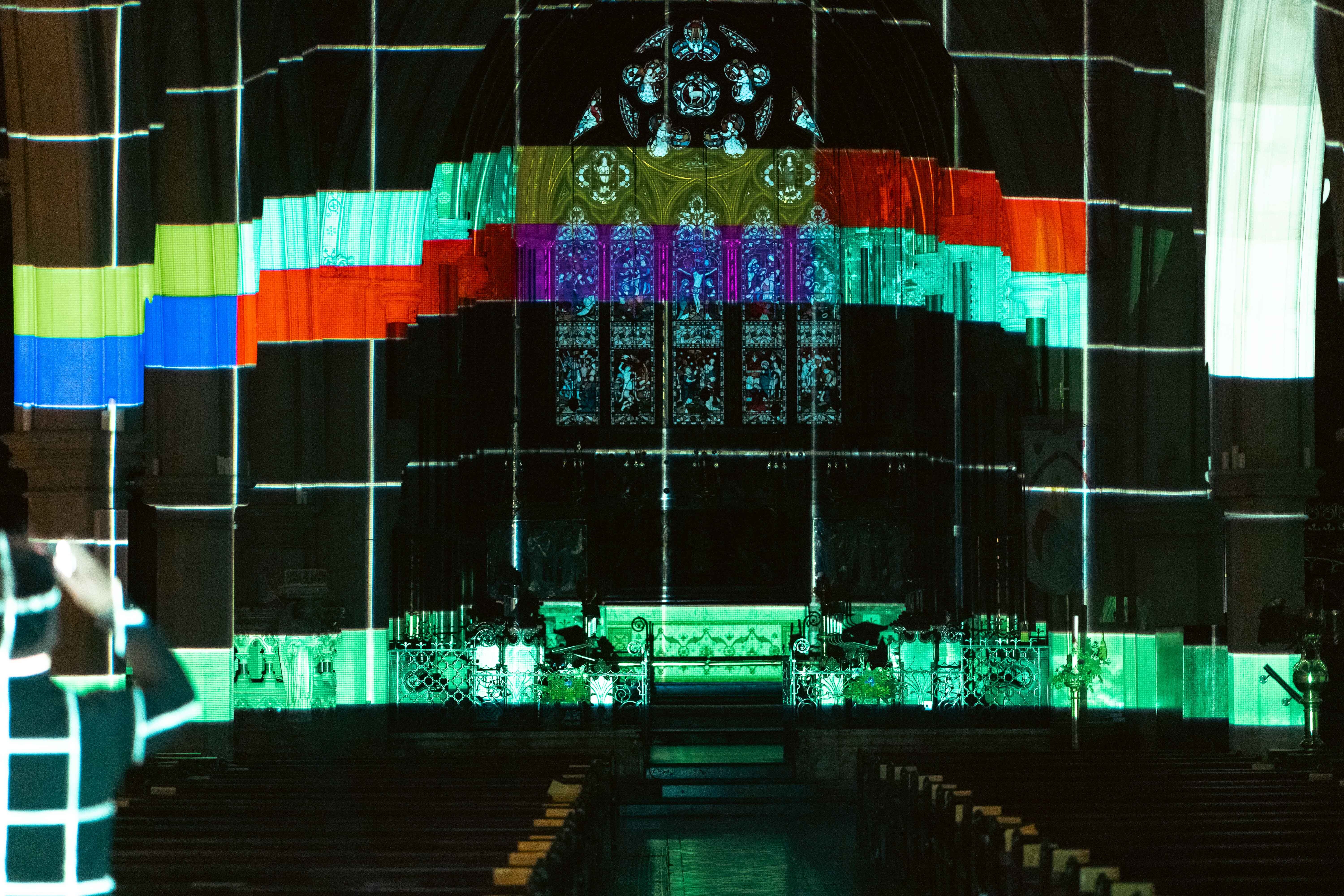 Test screen being projected in the interior of St Peter's Church.