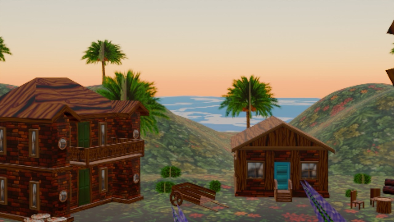 A still shot of the sea from the tropical BoBo Island. A 3D low poly environment mapping 2D flat textures onto 3D models to create a tropical island that resembles retro video games.