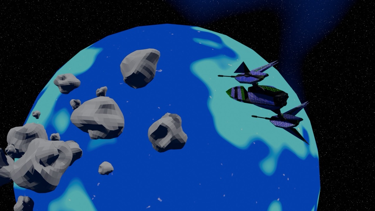 Blue and green planet with grey asteroids scattered around surface and purple spaceships flying nearby against black space background.
