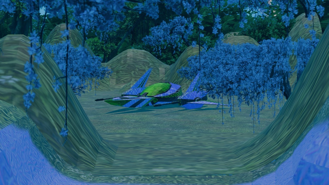 Blue and green digital landscape with curved foreground area, angular rock formations, and bright green accent shapes in centre.