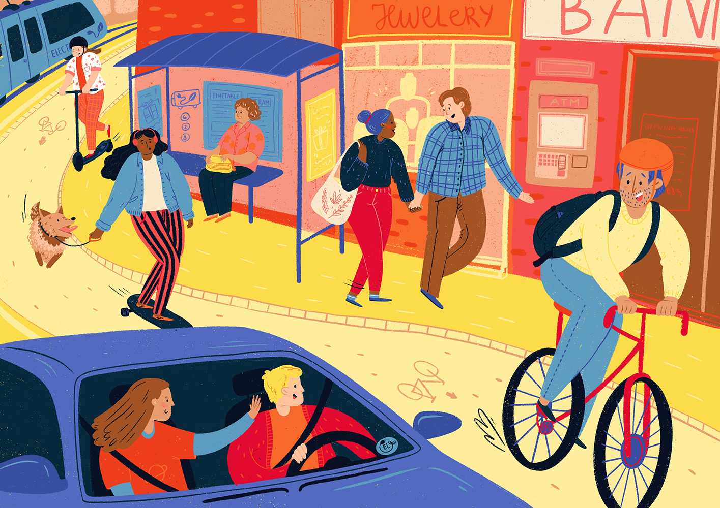 Colourful illustration of a road with pedestrians, a car, a person on a bike and a person on a skateboard with a dog on a lead