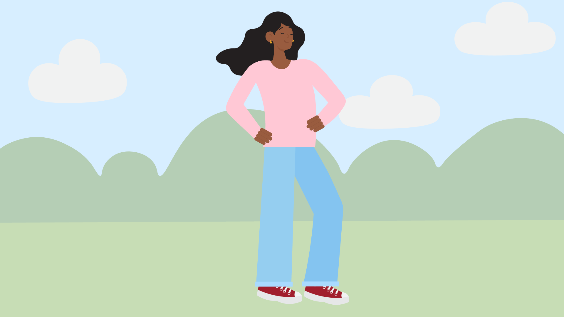 Illustration of a woman with her hands on her hips smiling with her eyes closed, with greenery and a cloudy blue sky in the background.
