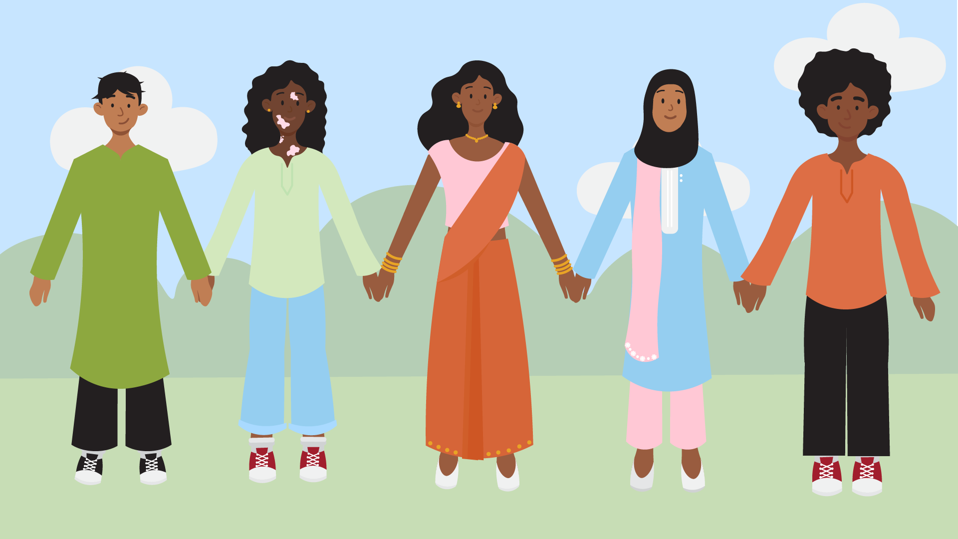 Animation of five people of South Asian and African heritage holding hands and smiling with a green background and cloudy blue sky.