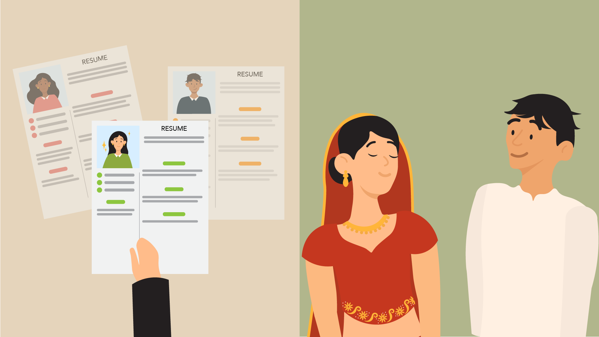 Split screen of two illustrations, one showing three CVs on a table, the other of two people smiling at each other.
