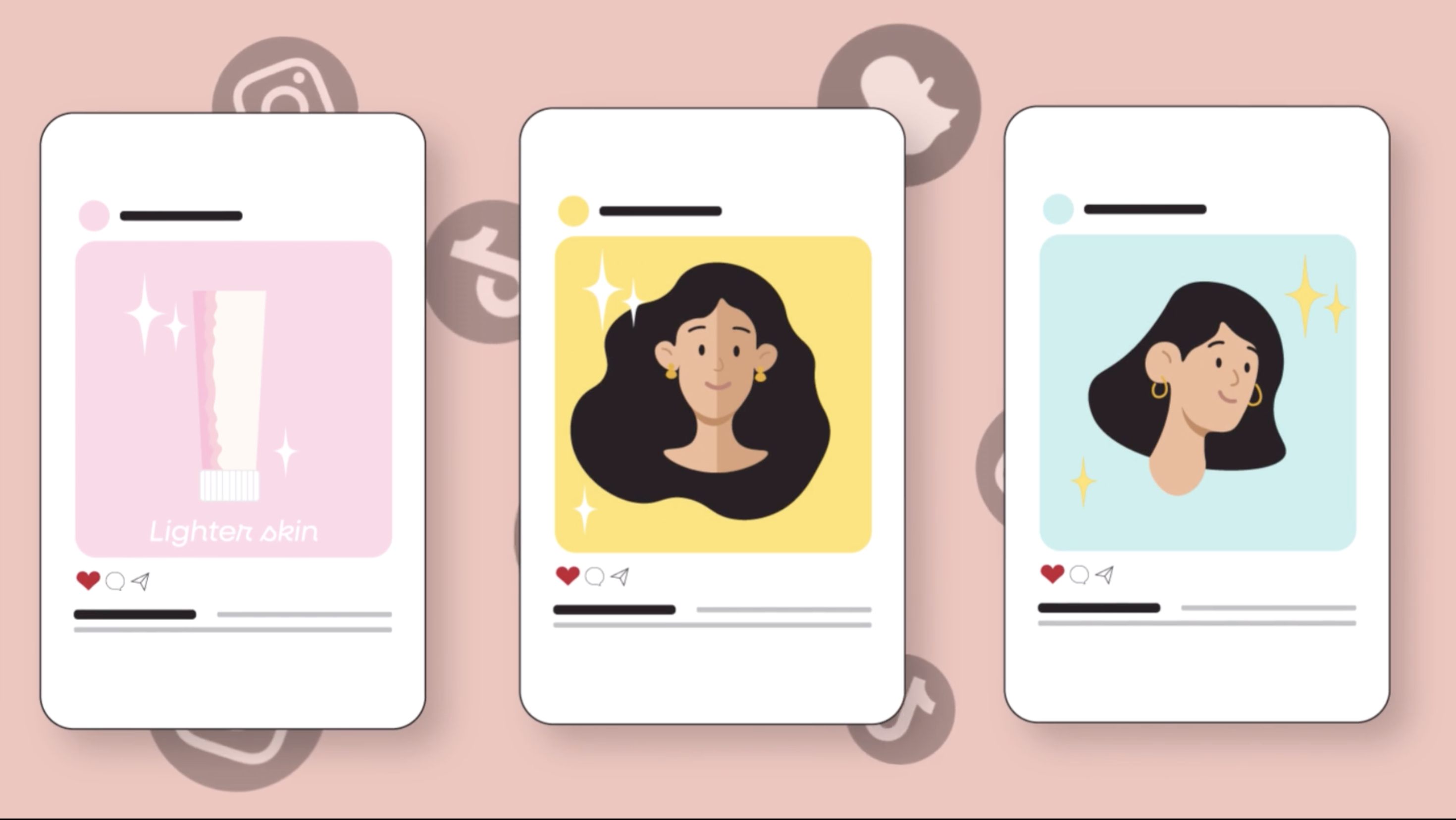Illustrations of three smartphones with Instagram-style posts on each, with the Like heart icon in colour below each one.