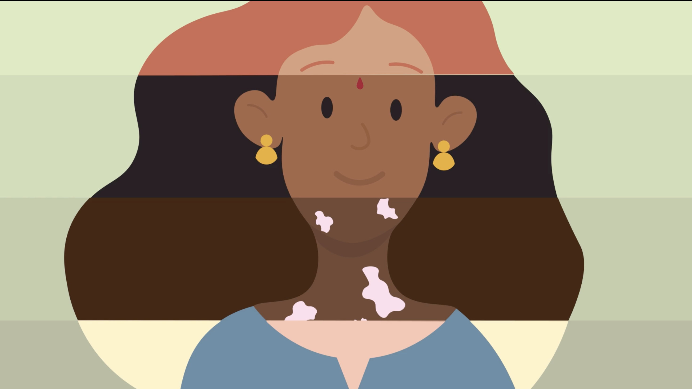 Split screen of four rows showing different segments of four different faces, each with a different skin colour.