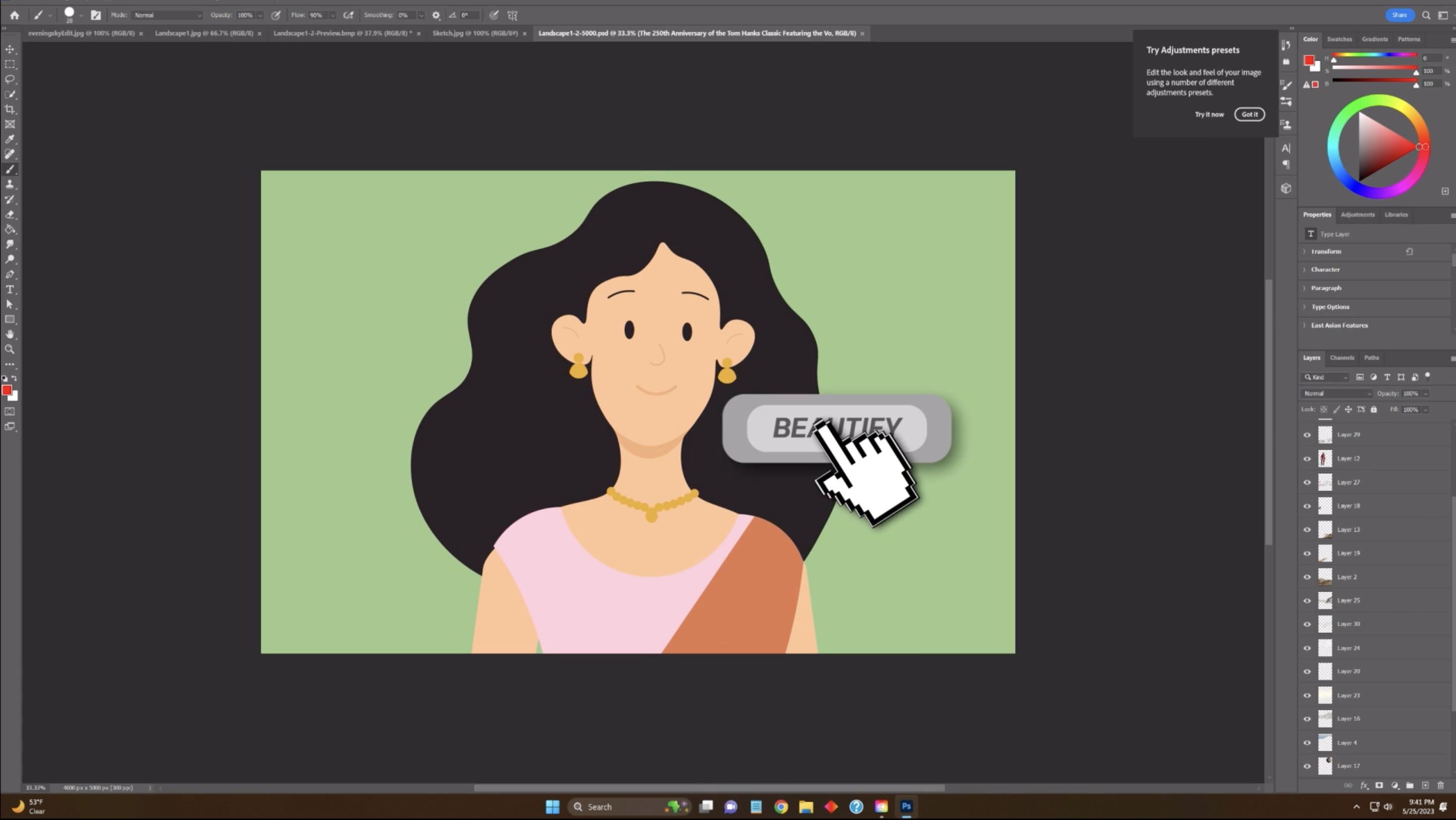 Screenshot of Adobe Photoshop showing an illustration of an Asian woman with a button enlarged with the word "Beautify" on it, and a hand cursor hovering over it.