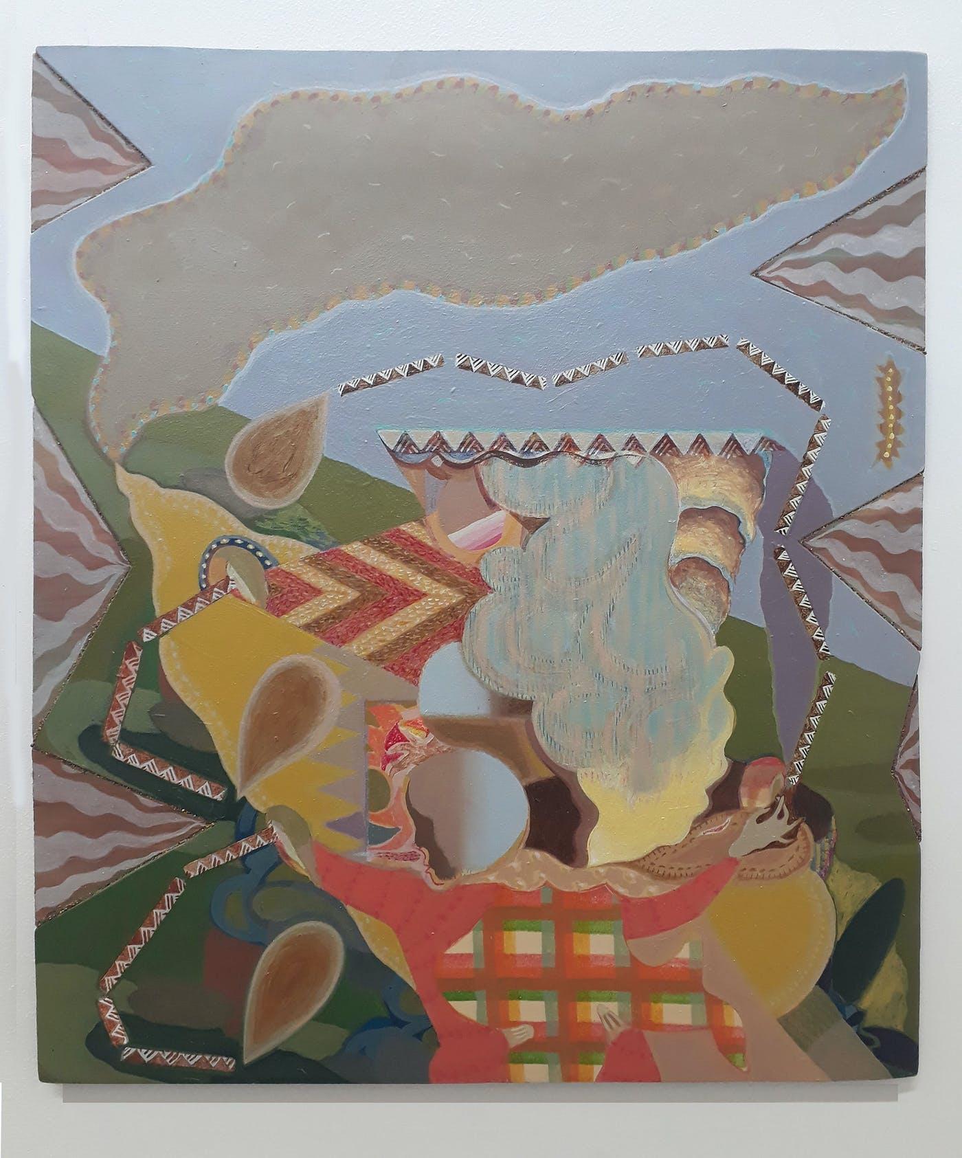 Abstract painting made up of smoke clouds and coloured blocks with a human figure at the front.