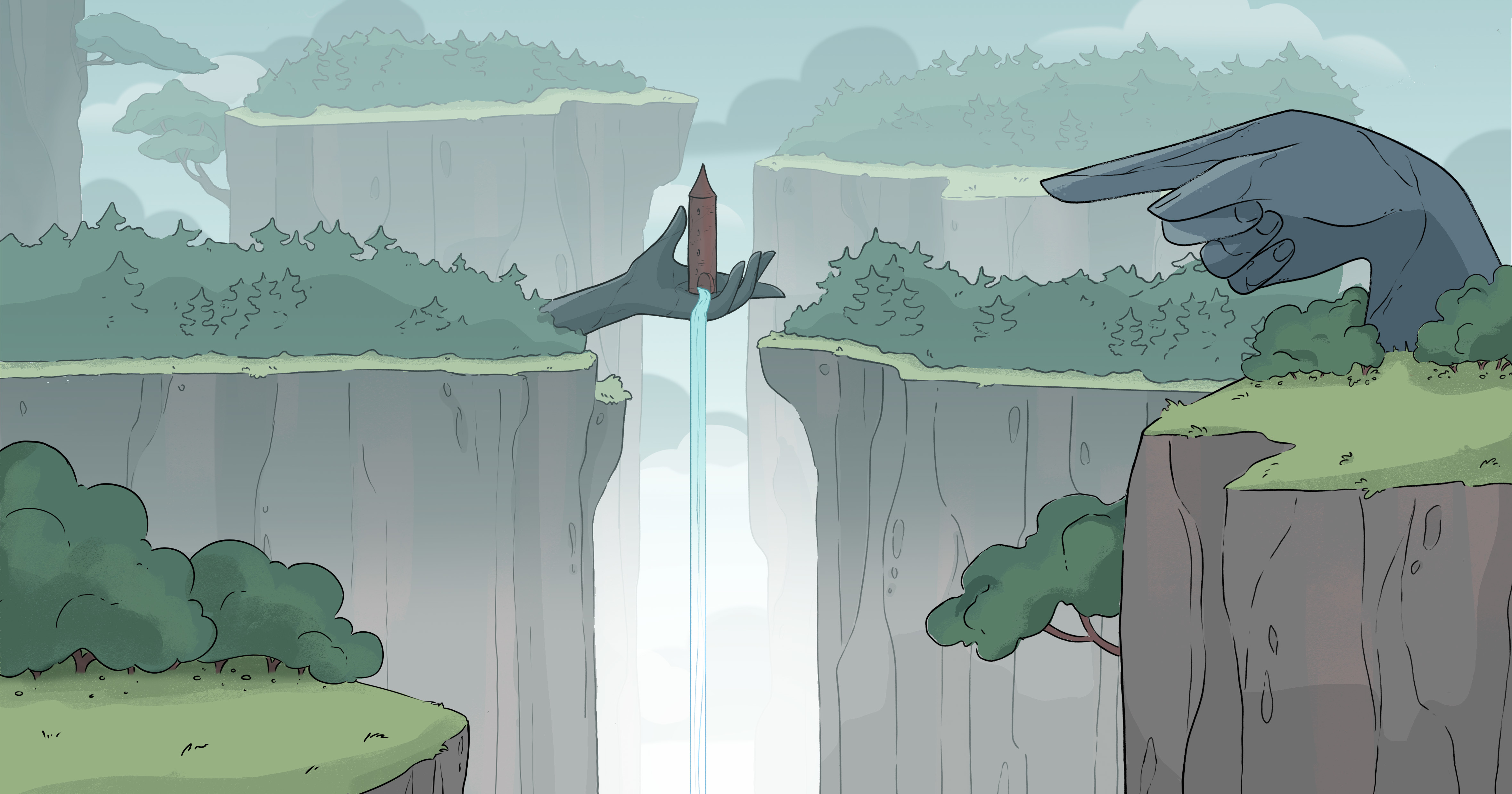 Illustration of several opposing cliff faces. A hand emerges from one of the cliffs on the left, holding a small tower with water pouring out of it. A hand on a cliff on the right points towards the tower.