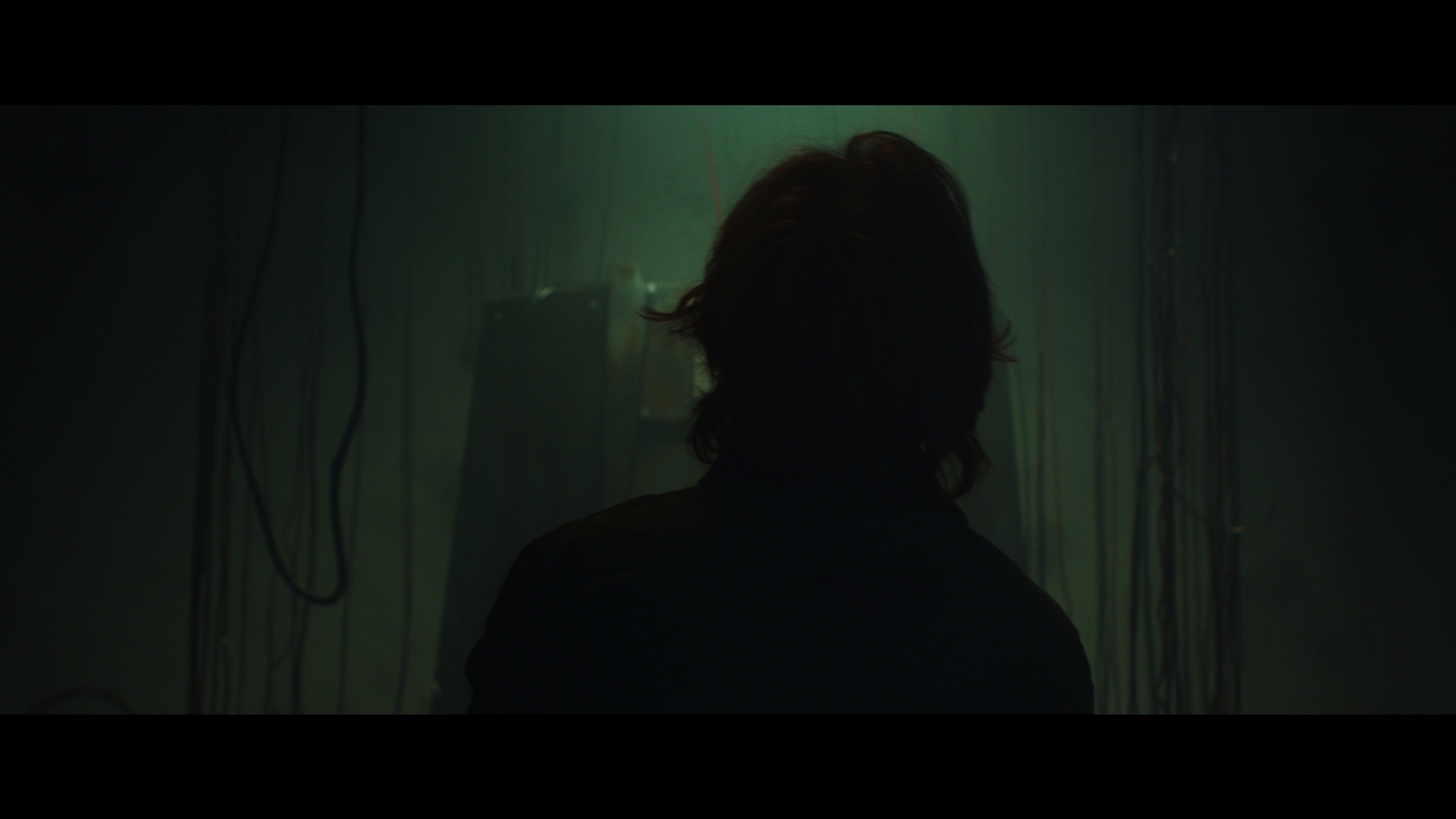 Dark silhouette of person in profile against green-tinted interior with vertical columns or pillars visible in background.