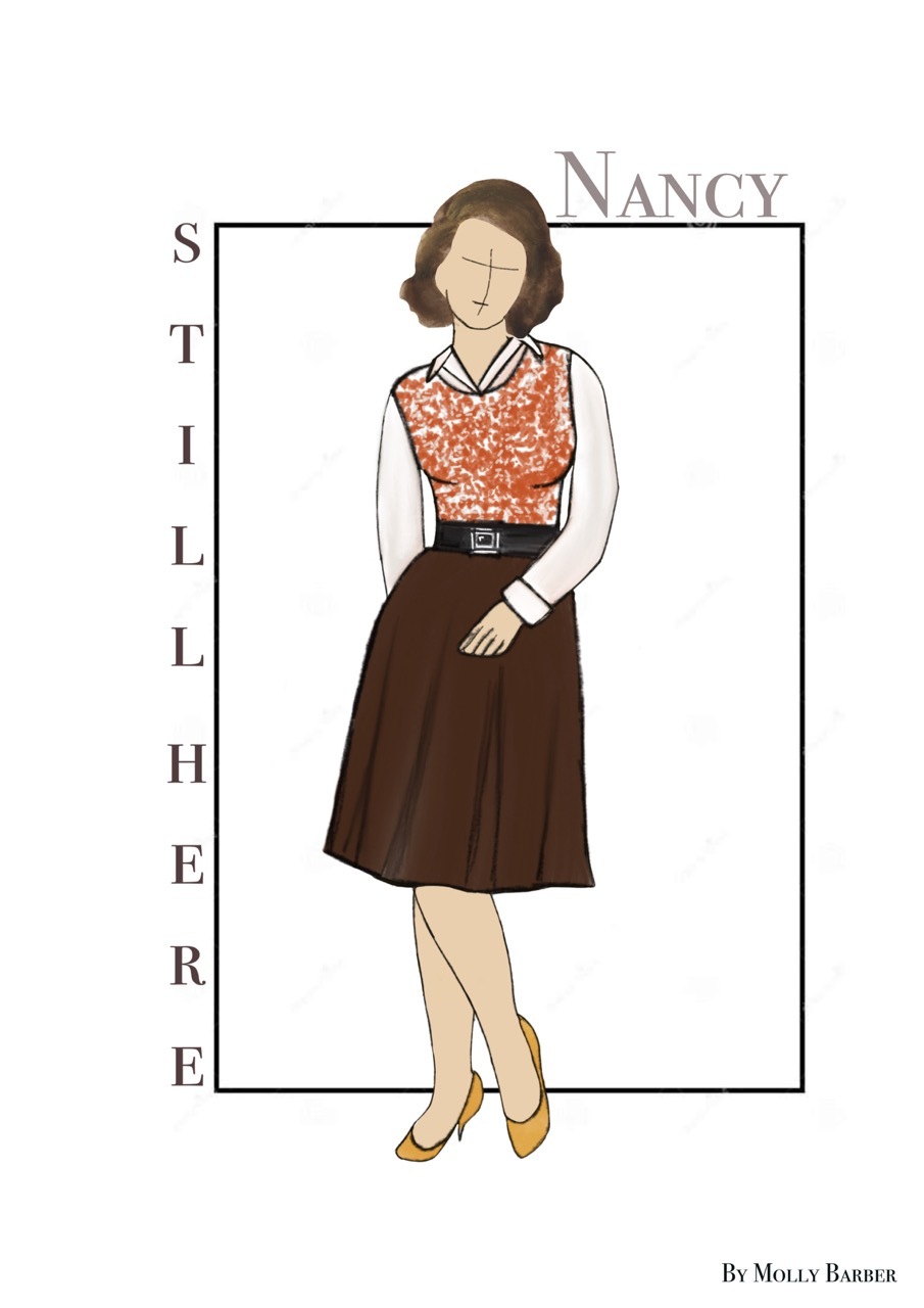 A stylised illustration of a woman named Nancy, with a brown skirt, patterned top, and short dark hair. She is standing in a frame with her name above.
