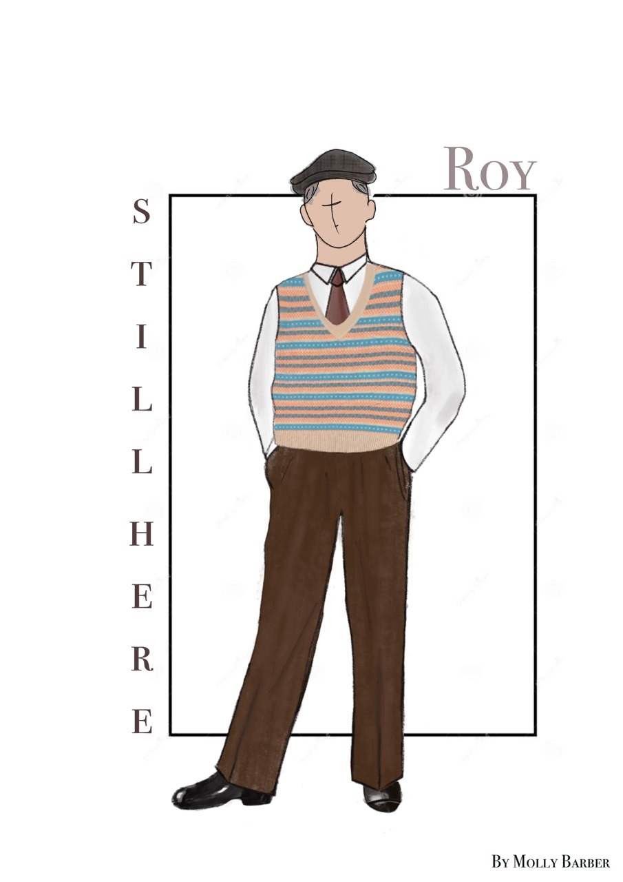 Illustration of a man wearing a striped sweater vest, brown trousers, and a cap, standing in a frame with the name "Roy" written above.