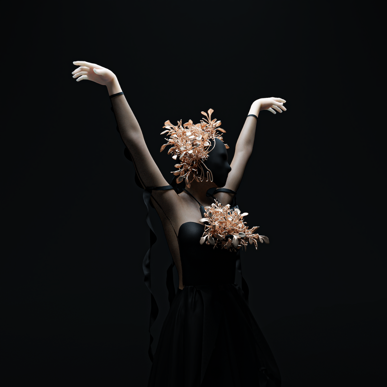 Digital female figure with her arms raised, wearing a black garment that covers her face and a gold floral embellishment at the chest and on her head.