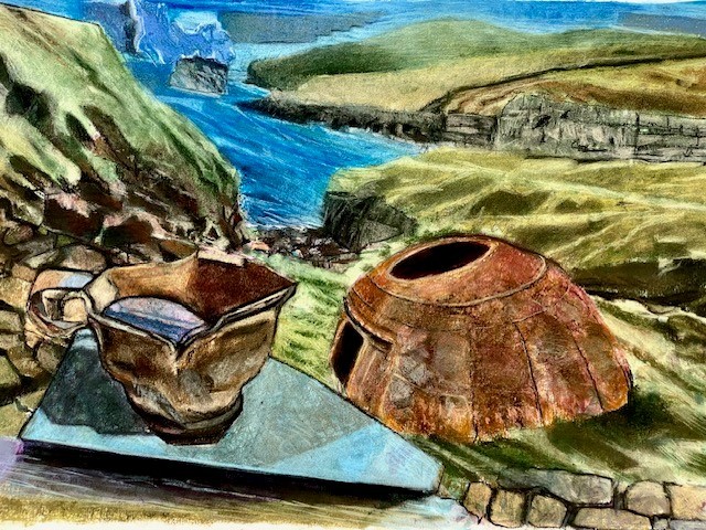 Still life painting of a metal cup and a tray overlooking a grassy ledge with water in the background.