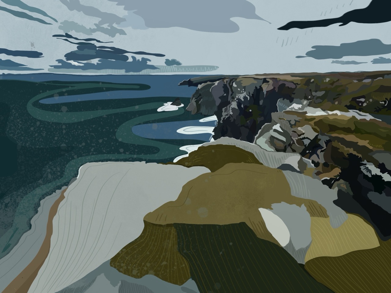 Illustration of a stormy sea scene with blocks of colour and overhead clouds.