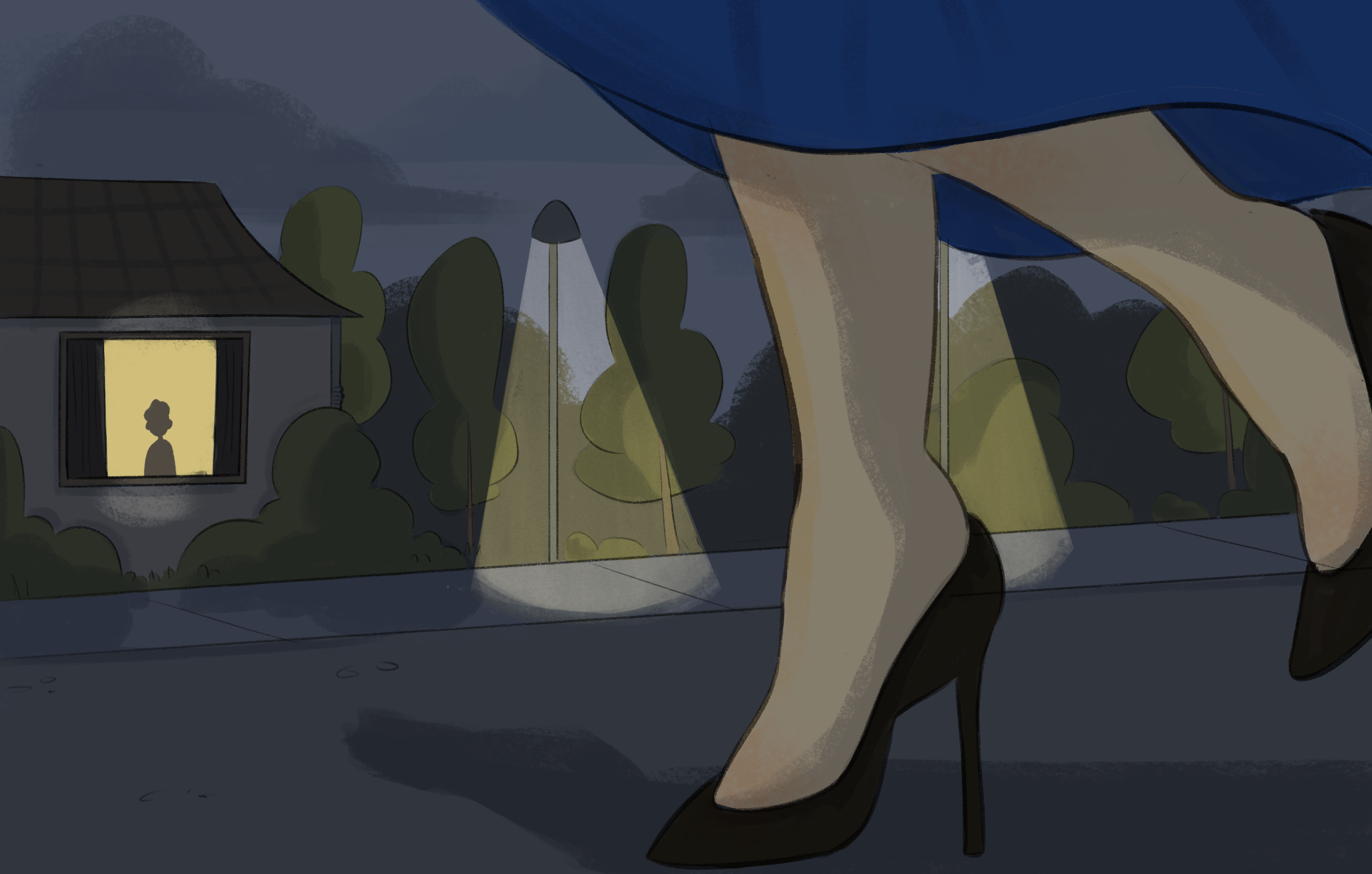Close-up illustration of a person's legs wearing high heels walking down a dimly lit street past a house. There is a silhouette at the window of the house.