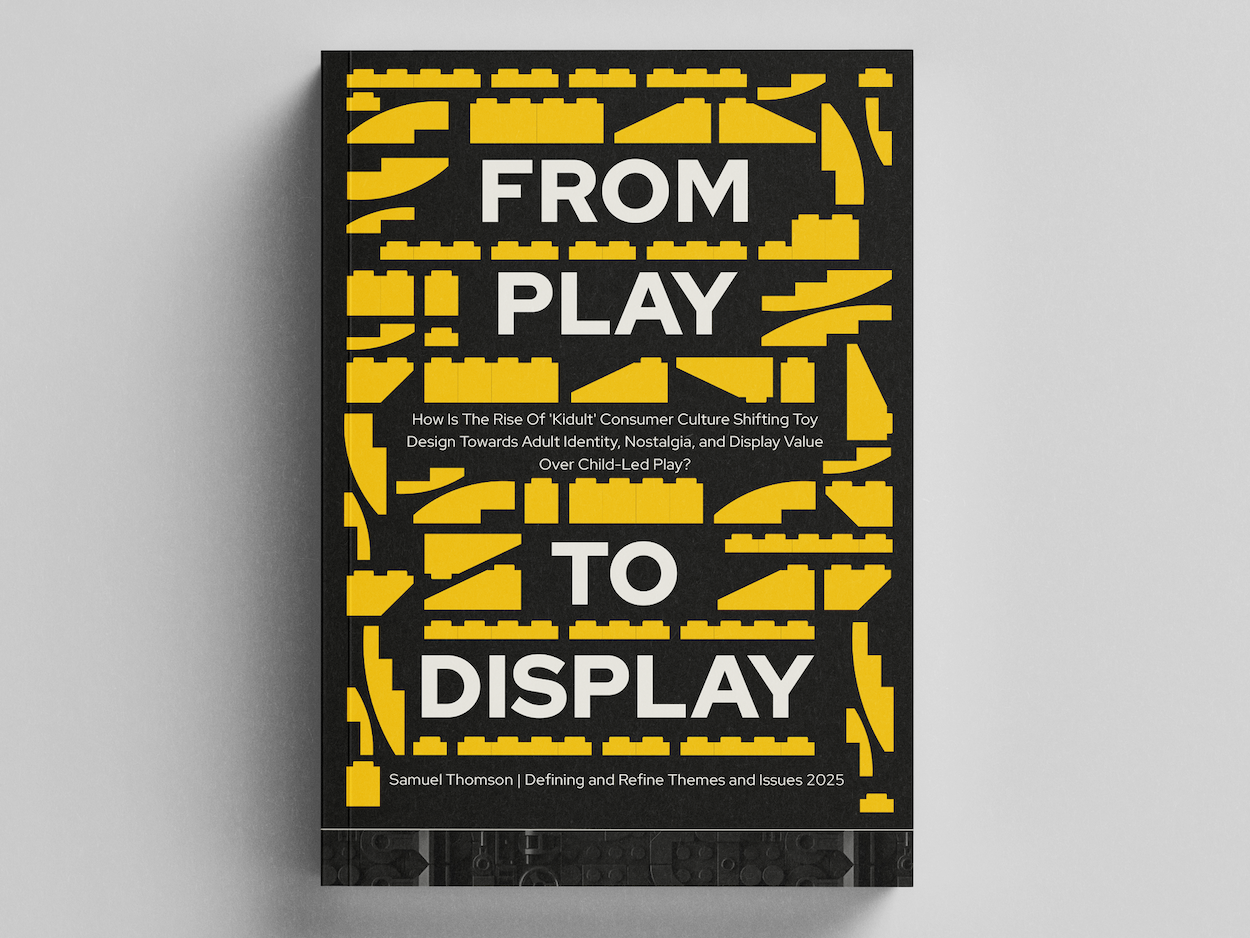 Book cover with black background and scattered yellow LEGO brick shapes. Large white text reads "FROM PLAY TO DISPLAY" with smaller subtitle text below.