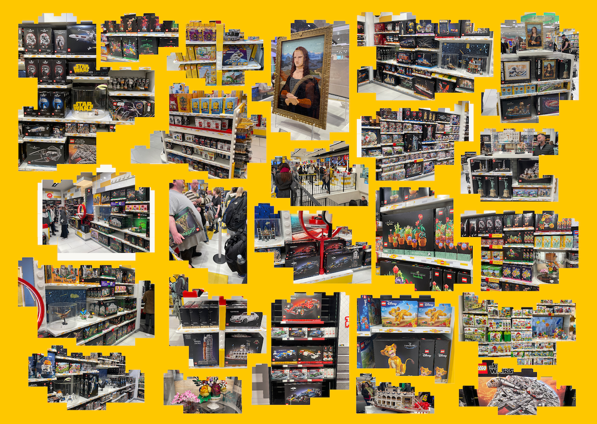 Collage of retail shop interior photographs arranged on bright yellow background, showing shelves stocked with various products and merchandise.
