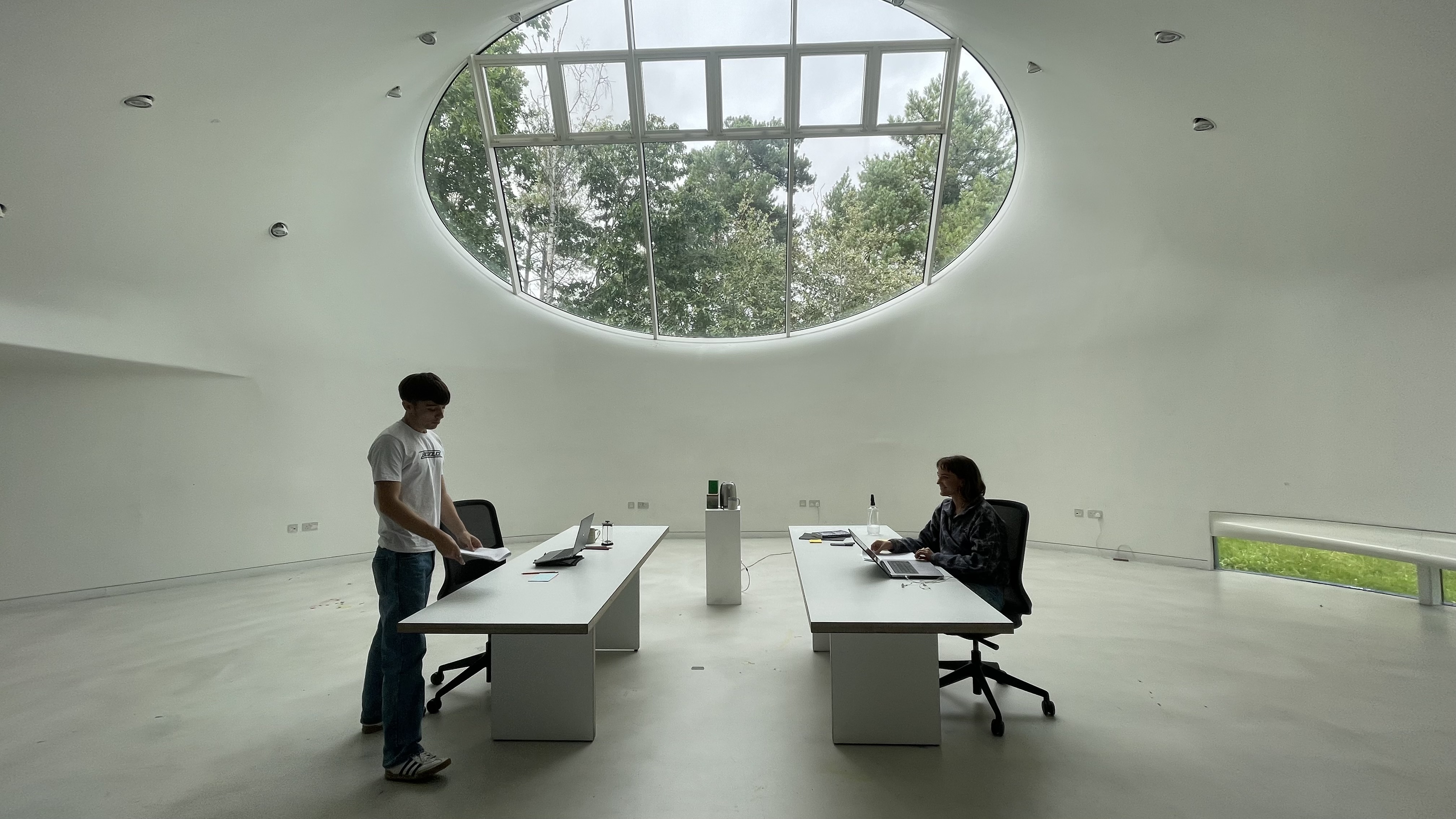 White minimalist office with two people at desks beneath large oval skylight showing trees and glass ceiling.