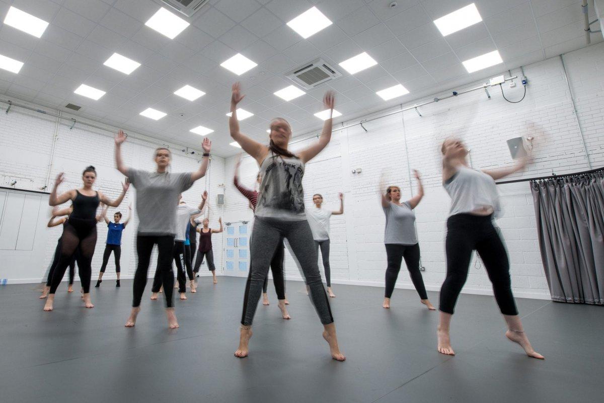 A group of students raise their arms above their heads while dancing in a dance studio.