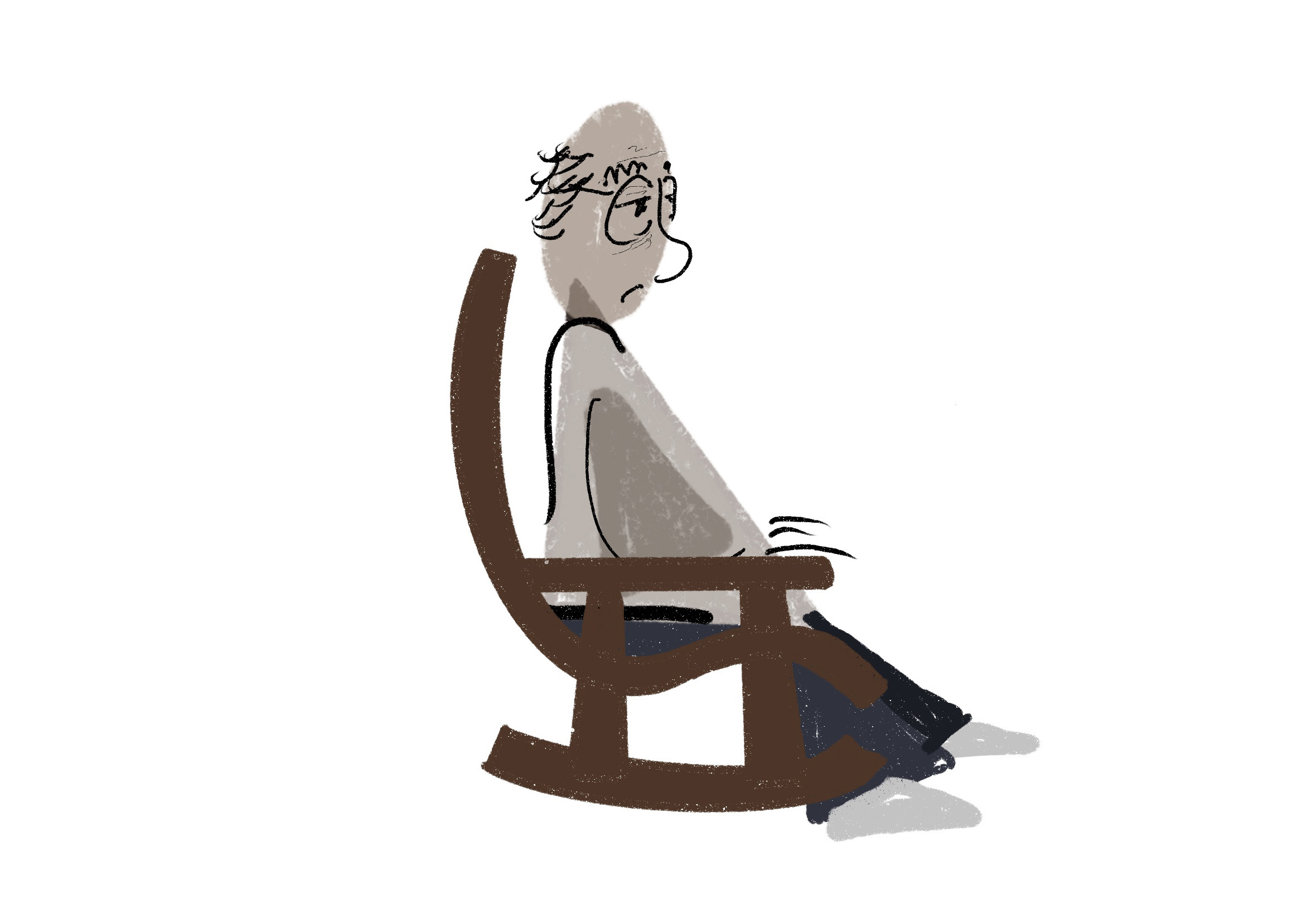 Illustration of elderly man with grey hair and glasses sitting in brown wooden rocking chair, wearing white shirt and dark trousers.