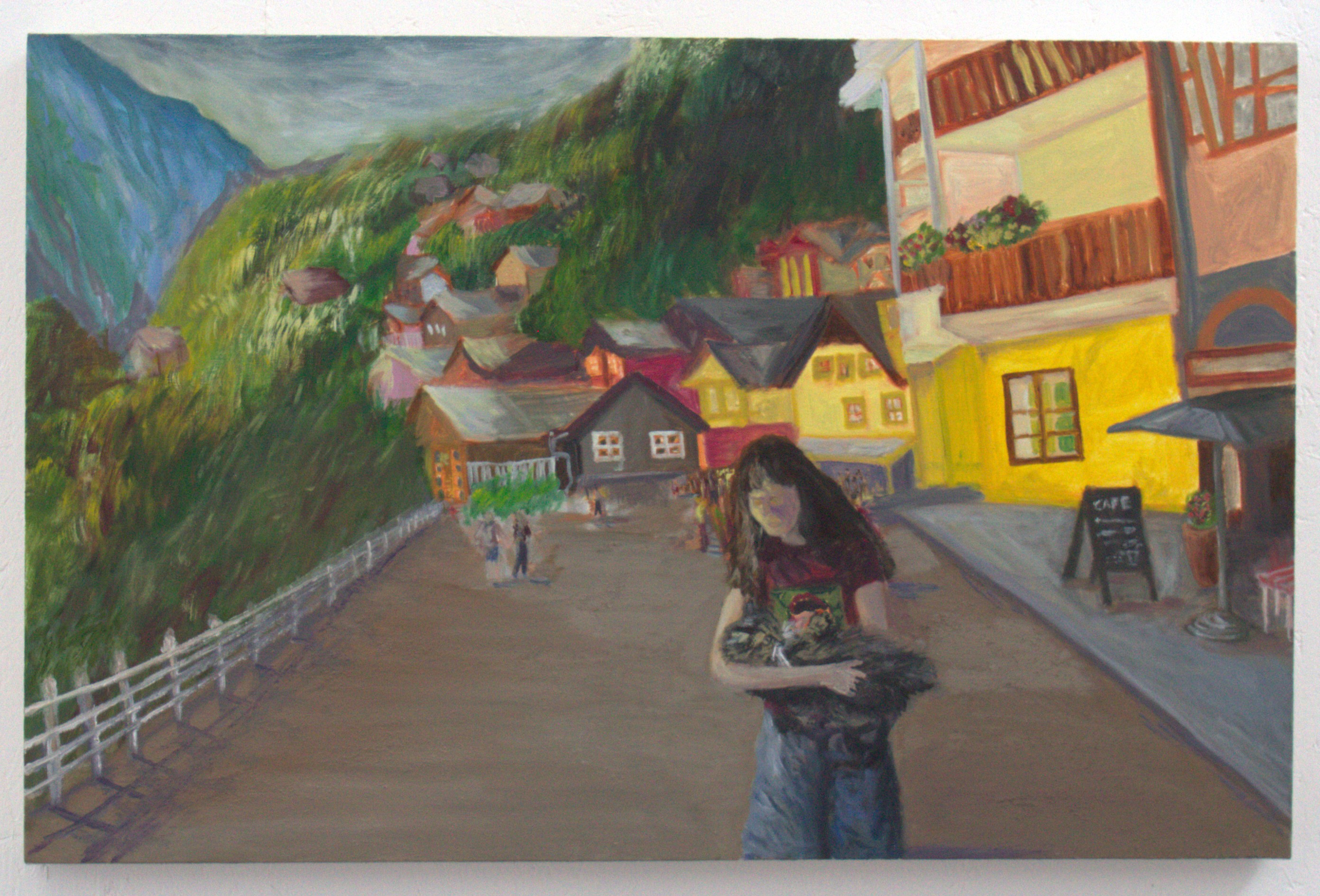 A woman holding a black object stands in the foreground of a painting depicting a quaint village with colourful houses and green hills. People are seen walking in the background, and buildings feature balconies and vibrant facades.