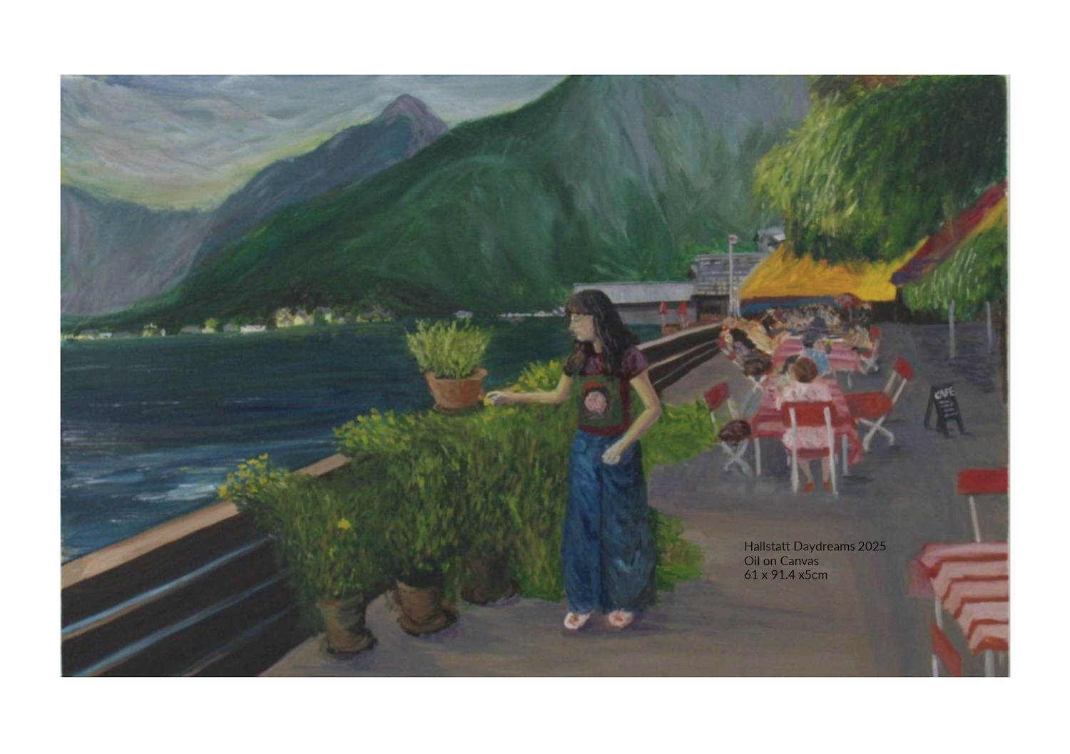 Painting showing lakeside terrace with red tables, blue-dressed figure, green mountains, and dark water. Muted colours with grey sky.