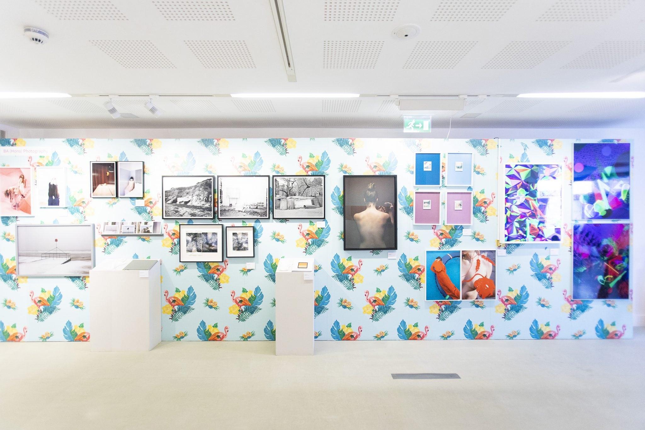 A gallery wall with framed artworks hung on it. The wallpaper shows flamingos and plants.