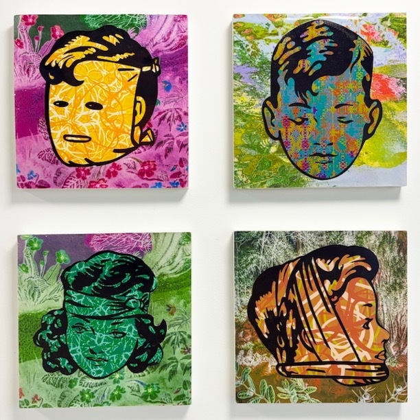 Four pop art portraits with bold outlines on colourful backgrounds: yellow face on pink, blue face on green-yellow, green face on textured green, and orange striped face on brown.