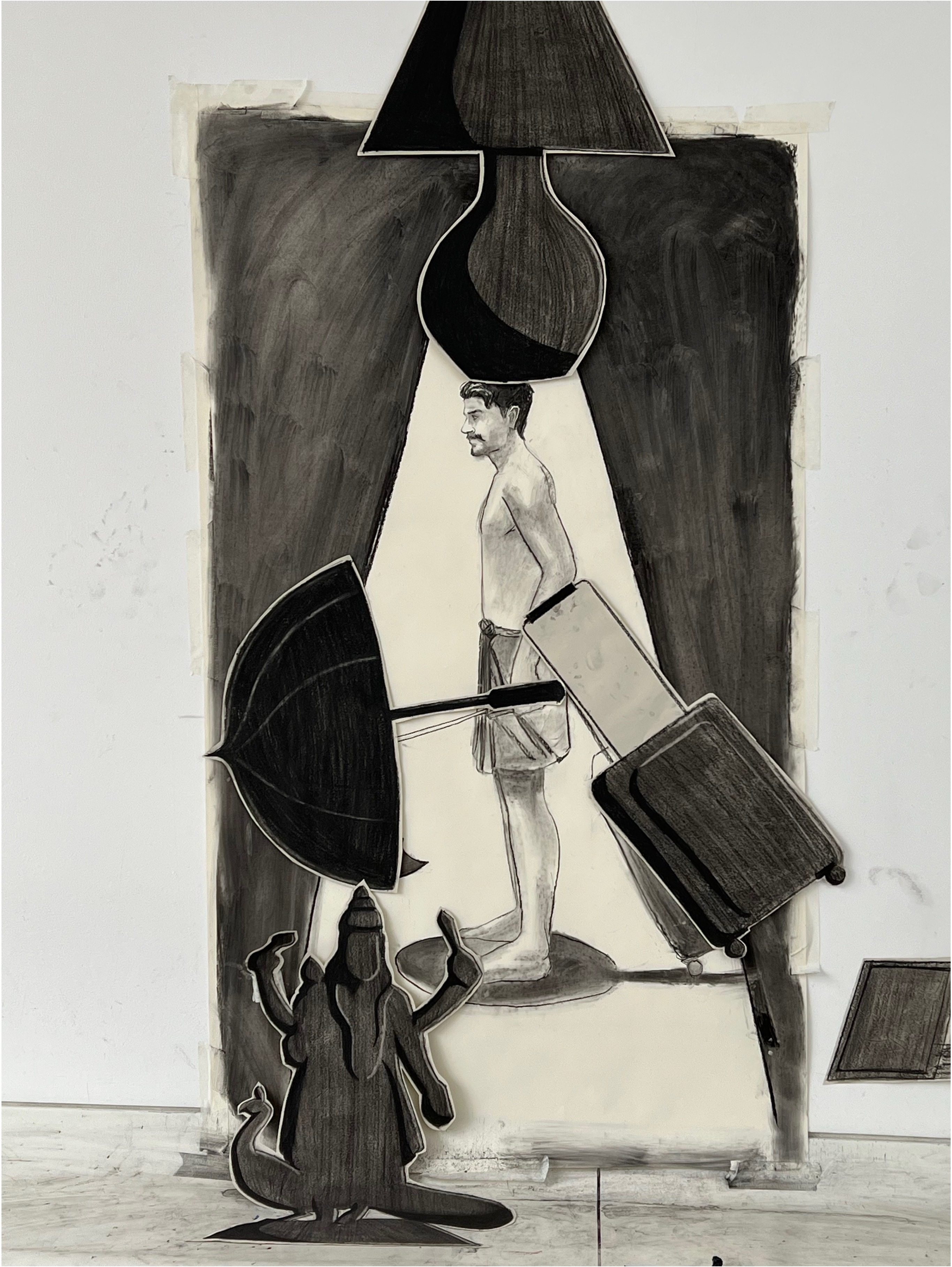 Illustration with dark green and black shapes surrounding a central cream-coloured triangle containing a figure in shorts holding a rectangular object.