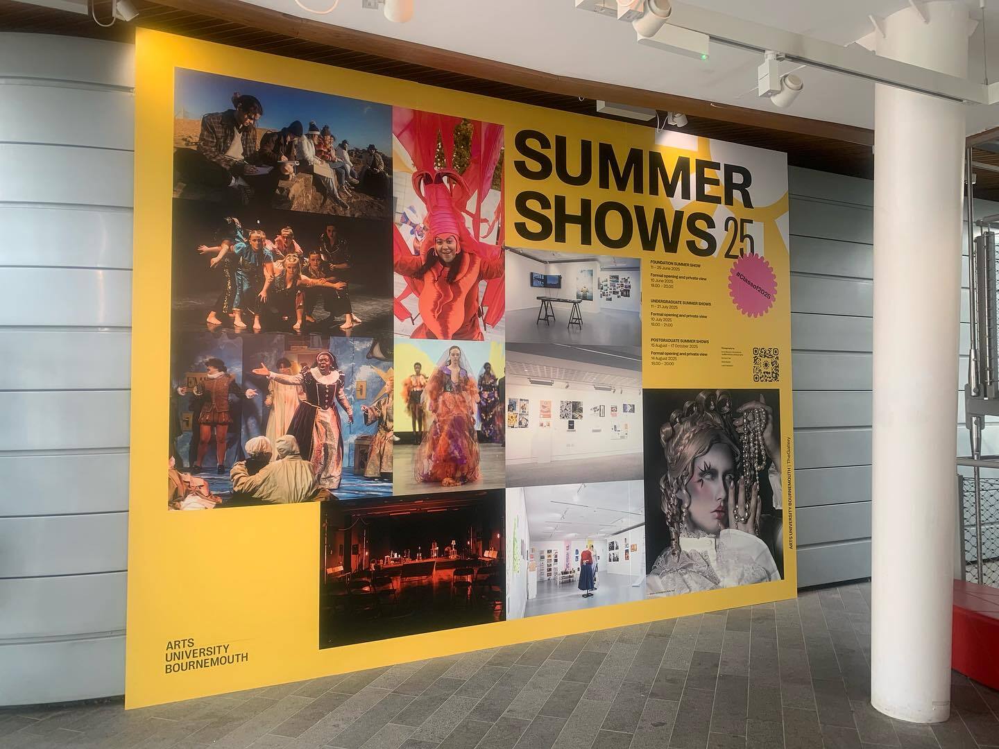 Yellow wall display with "SUMMER SHOWS 25" text and various artwork images including paintings and gallery spaces in museum setting.
