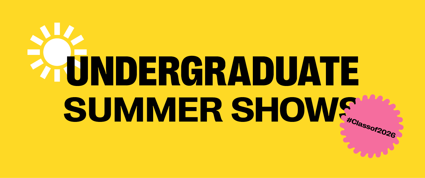 Yellow background with black text reading "UNDERGRADUATE SUMMER SHOWS". White sun icon on left, pink circular badge on right.