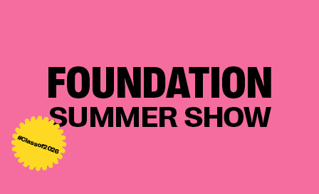 Pink background with black text reading "FOUNDATION SUMMER SHOW". Yellow circular badge on left with "#ClassOf2026" text.